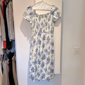 NWT Loft XS Blue Floral Smocked Midi Nap Dress Puff Sleeve